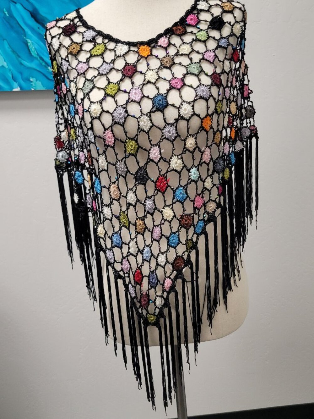 Multicolored Beaded Poncho with Fringe